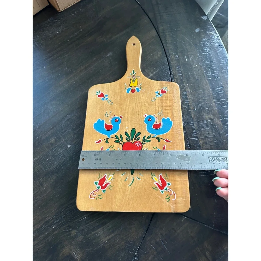 Vintage Hand Painted Wood Cutting Board Folk Art Blue Birds Heart Decorative